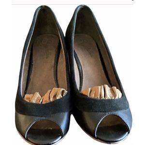 Seychelles Black and Suede Leather Peep-Toe 3.25” Heels 9